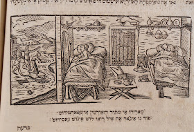 A woodcut showing two figures in bed inside their home, while outside three figures seem to lament over babies in a river.