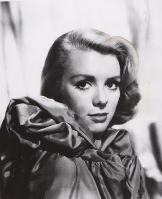 Inger Stevens poses in a black and white portrait.