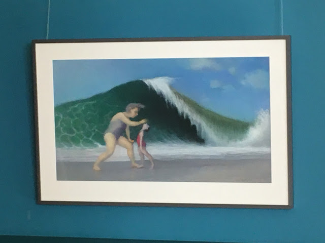 Pastel painting of mother applying sunscreen to her daughter's nose as a large wave breaks in the background.