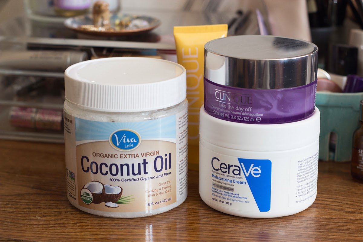 coconut oil, clinique take the day off cleansing balm, cerave moisturizing cream