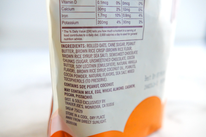 Trader Joe's Peanut Butter Chocolate Granola ingredients list on package