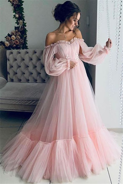 Chic Off-The-Shoulder Long-Sleeves Sheer-Tulle Prom Dress