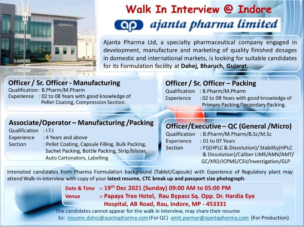 Job Availables,Ajanta Pharma Ltd Walk-In-Interview For BSc/ MSc/ B.Pharm/ M.Pharm