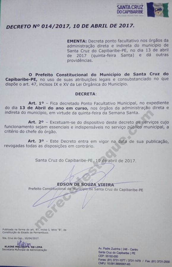 Prefeitura de Santa Cruz do Capibaribe decreta ponto facultativo na quinta-feira da Semana Santa