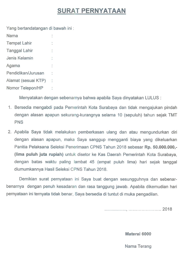Contoh Surat Lamaran CPNS Kota Surabaya 2018