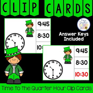 Time to the Quarter Hour Clip Cards Leprechaun Themed