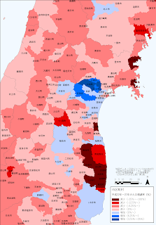 平成27年国勢調査による市区町村別人口増減率（宮城県を中心に）
