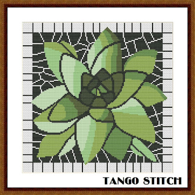 Succulent green flower cross stitch embroidery design - Tango Stitch