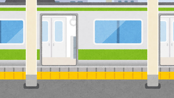 電車が来た駅のイラスト（開いた状態・背景素材）