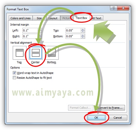  Gambar: Cara membuat tulisan rata tengah secara vertikal di dalam kotak teks Microsoft Word