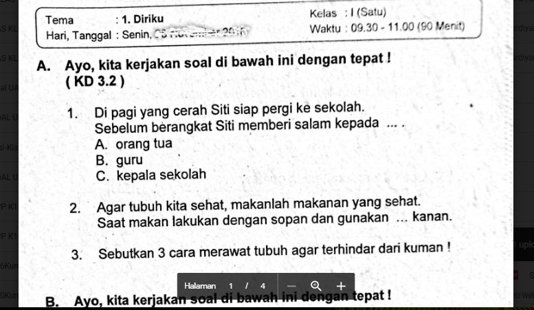 Soal Ulangan Kelas 1 Tema 1 - Diriku K13 - SekolahDasar.Net