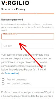 creare mail virgilio dal browser del telefono - 4 inserire mail alternativa o numero di telefono di recupero