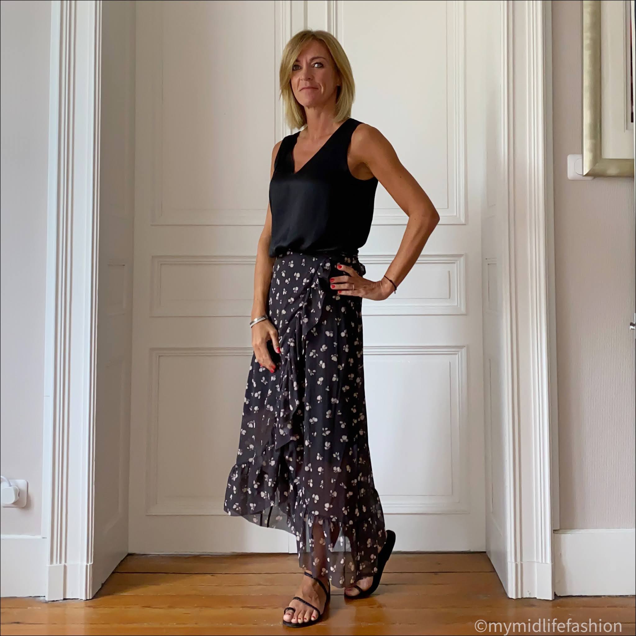 my midlife fashion, Ancient Greek black eleftheria braided leather sandals, ganni ruffle wrap skirt, marks and Spencer silk tank top