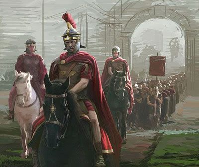 desenho de uma coluna do exército romano. Os primeiros montados a cavalo, depois guerreiros a pé seguindo o estandarte