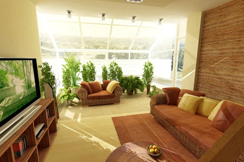 perfect white and brown living room with ornament plants