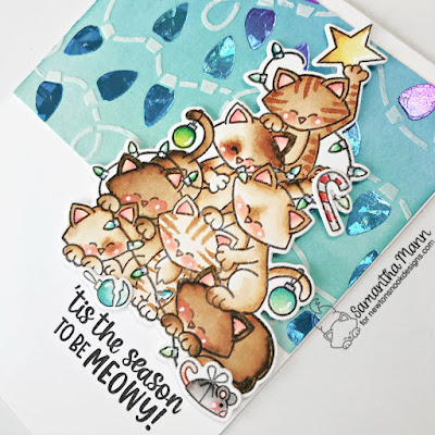 Tis the Season to be Meowy Card by Samantha Mann for Newton's Nook Designs,Newton's Nook, Christmas, Christmas Card, Distress Inks, Deco Foil, Foil, #newtonsnook #newtonsnookdesigns #christmascard #christmas #cardmaking #decofoil #distressinks