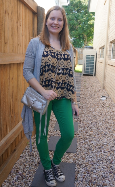 green skinny jeans, grey cardigan and yellow and navy aztec print tank with silver mini mac bag and accessories | awayfromblue