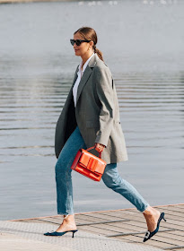 How to Dress Up Your Jeans for Fall Outfit Idea With Gray Blazer, White Button-Down Shirt, Jeans, Manolo Blahnik Mule Heels