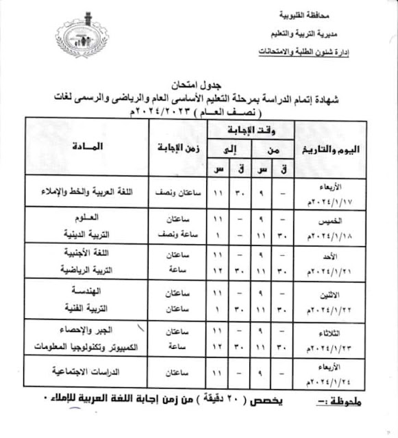 جداول امتحانات محافظة القليوبية التفصيلة كل الفرق ترم أول 2024 %D8%AB%D8%A7%D9%84%D8%AB%20%D8%B9