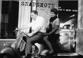 cover of Snapshots by Corina Duyn, with photo of Jan and Miep Duyn on a motorbike, with view into a kitchen