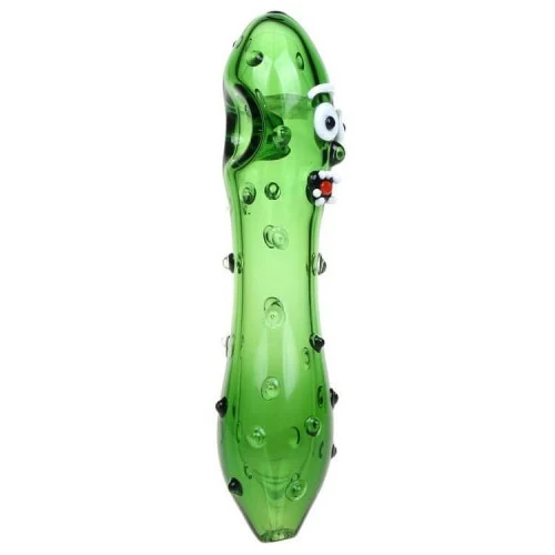 A green glass smoking pipe shaped in a form of green pickle.