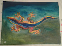 the painting shows a colourful salamander with bright yellow, orange,dark and light blue stripes on a dark green and mint green background