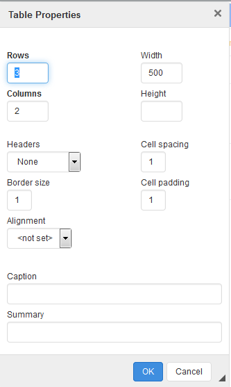 webtexttool table properties