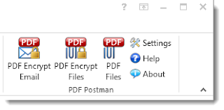 Outlook toolbar buttons for PDF Postman add-in. Options shown are "PDF Encrypt Email," "PDF Encrypt Files,' and "PDF Files." Other options include Settings, Help and About.