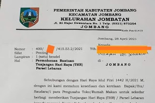 Tangkapan layar surat permintaan bantuan THR/parsel dari salah satu kelurahan di Kabupaten Jombang, Jawa Timur. Surat itu beredar di media sosial dan grup WhatsApp, Kamis (29/4/2021) malam.(Tangkapan layar Instagram) via kompas.com