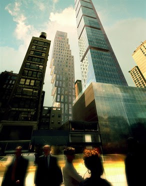 Photo of the building as seen from the street looking up