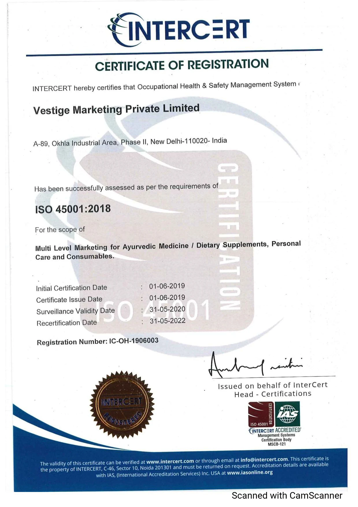 6.Vestige Food Safety Management Certificates ISO 45001:2018