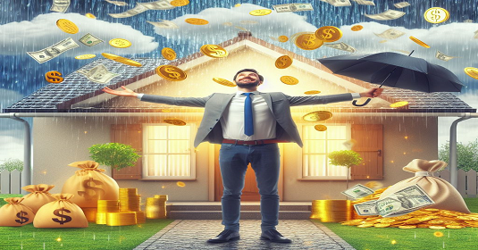 A man is standing in his house and prosperity, happiness and wealth are raining from the sky