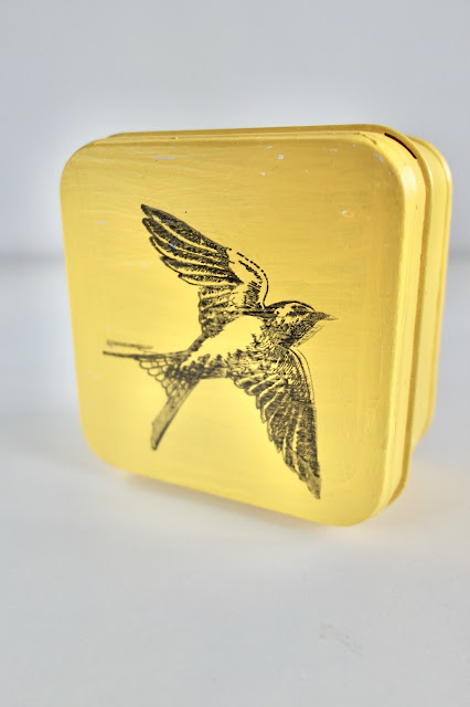 tin container, recycle a tin container, paintbrush, acrylic paint, cling stamps, ink pad, acrylic stamp block, birds, storage containers, blah to TADA, crafty recycling, photo by Claire Mercado-Obias