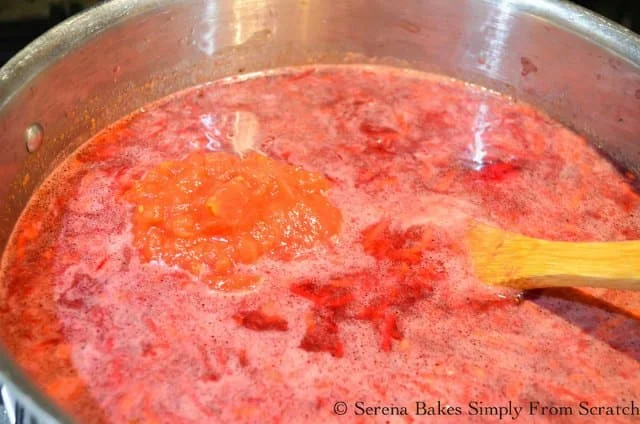 Borscht Soup in pot has beef, grated beets, grated carrots, potato, cabbage, and Beef Stock.