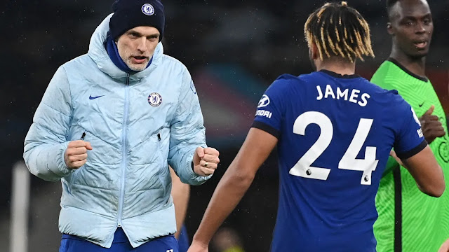 Chelsea boss Thomas Tuchel celebrates with Reece James after victory over Tottenham