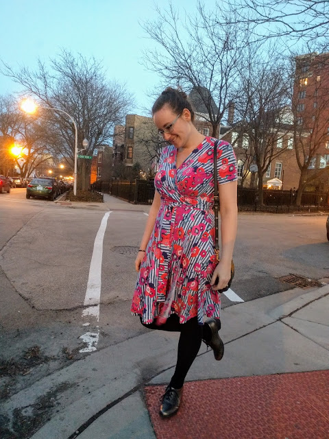 Me on a street corner in my Vogue 8379 wrap dress.