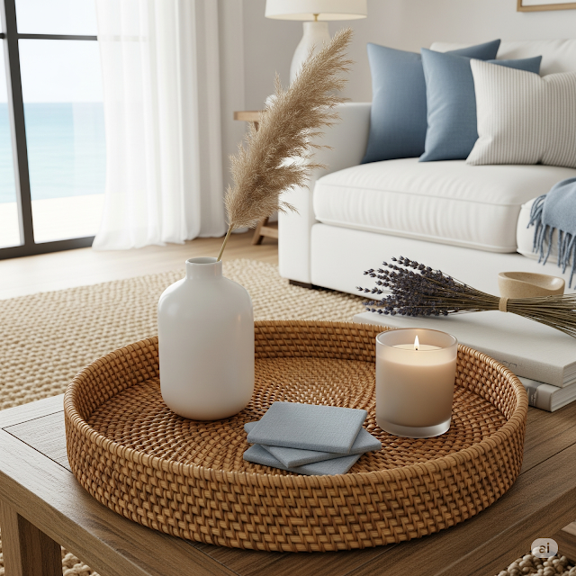 A woven rattan tray on a wooden coffee table in a coastal living room, holding a white ceramic vase with pampas grass, blue linen coasters, a beige candle, and dried lavender. A white sofa, blue throw pillows, and a window with an ocean view create a breezy, earthy atmosphere.
