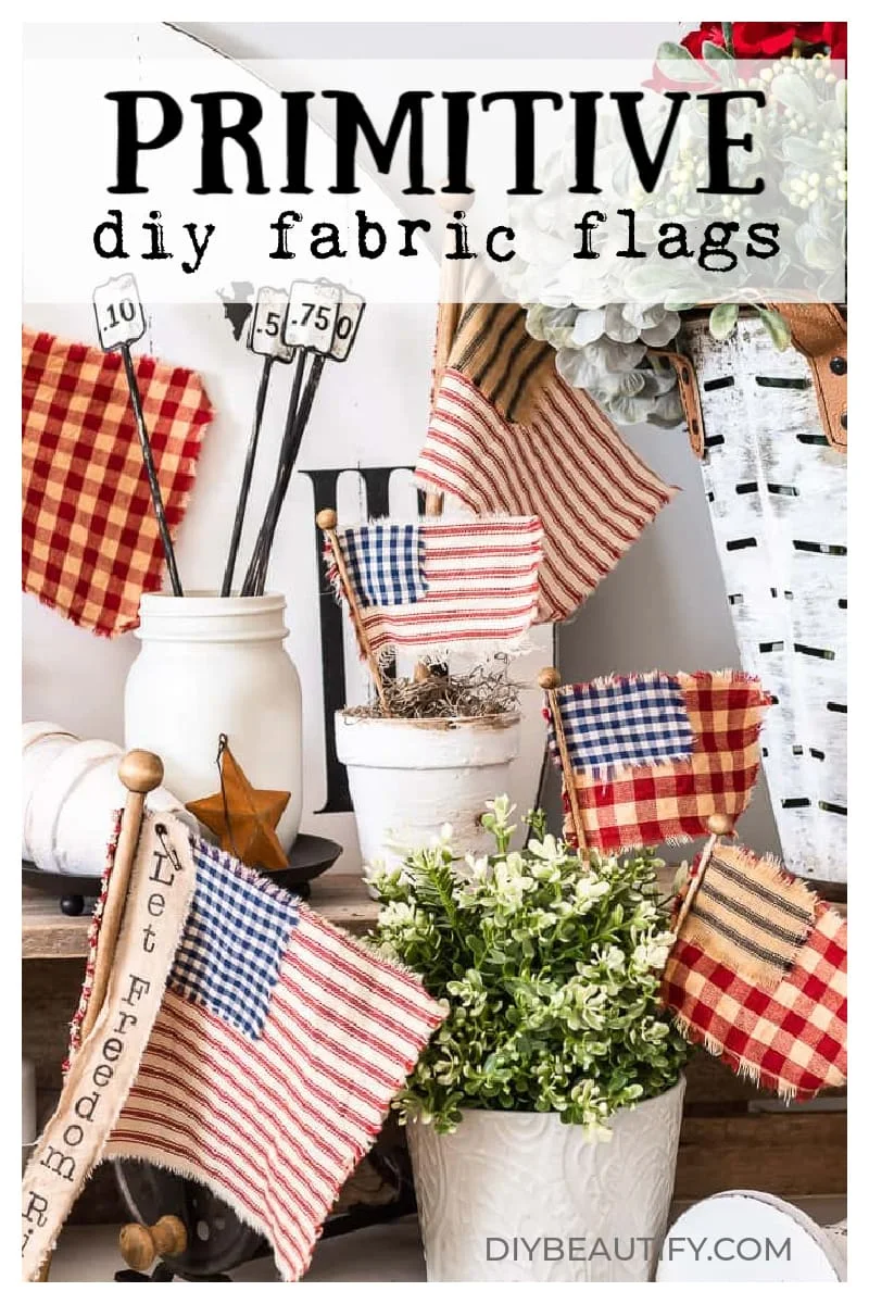 patriotic primitive flags with ticking stripe and homespun checks