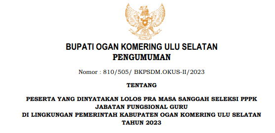 Pengumuman Hasil Seleksi PPPK Guru Kabupaten Ogan Komering Ulu Selatan Provinsi Sumatera Selatan Tahun 2022-2023