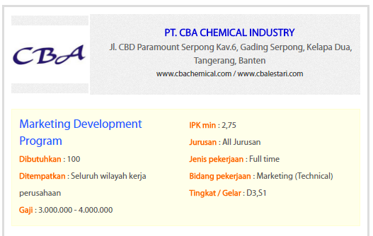 REKRUTMEN PEGAWAI / KARYAWAN PT. CBA CHEMICAL INDUSTRY 