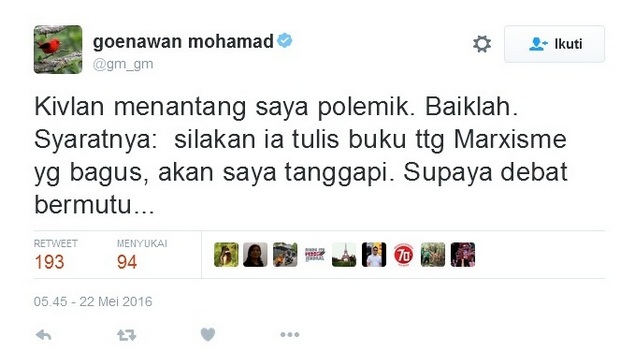  Goenawan Mau Layani Debat Kivlan Syaratnya Bikin Buku Dulu, Netizen Tertawa: "Mlipir khas cebong" 