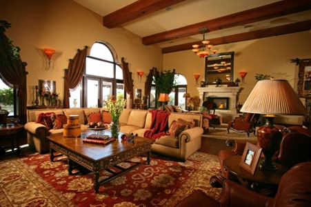 Classic-Interior-Design-and-Modern-Sofa-with-Square-Glass-Table-also-Furnace-with-Wooden-Black-Closet-To-Strorage-and-Cream-Walls-with-Pattern-Carpet-Spanish-Style-Home-Design