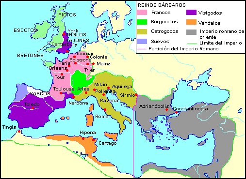 Resultado de imagem para mapa dos 10m reinos bÃ¡rbaros invasores do imperio romano