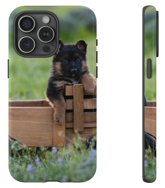 iPhone 15 Pro Max Tough Case With Cute Black And Red German Shepherd Puppy Sitting on a Wooden Cart