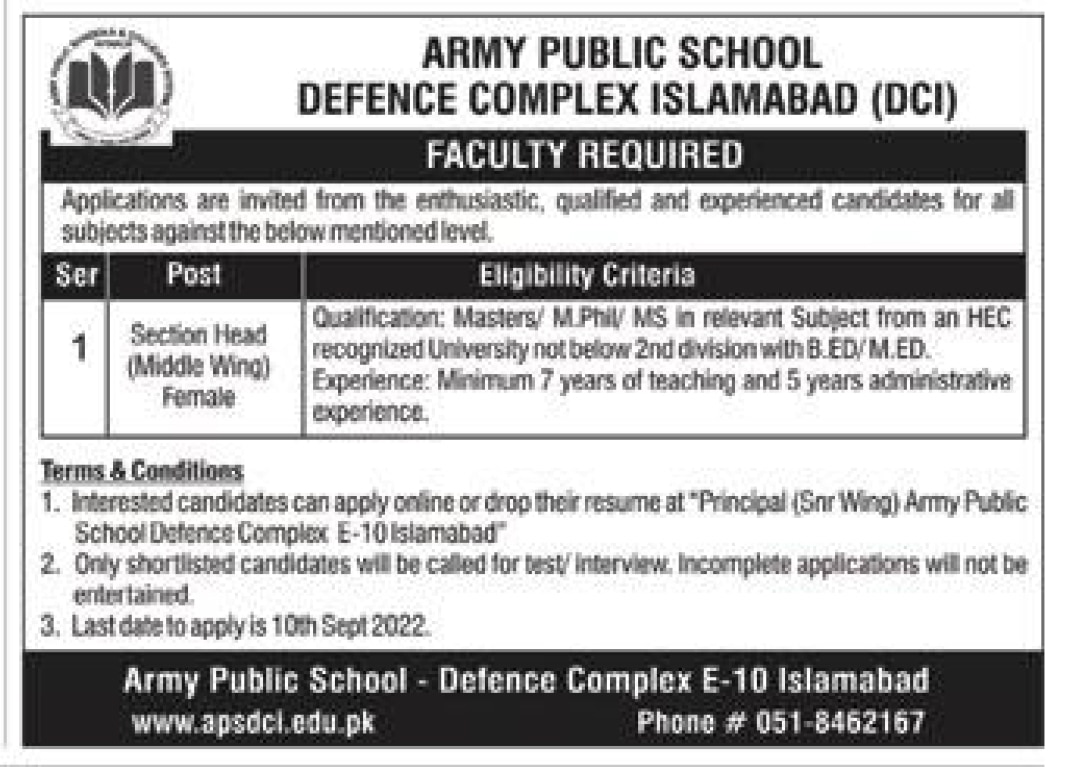 Army Public School APS Defence Complex Islamabad jobs 2022