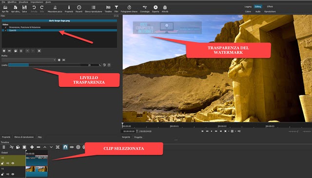 trasparenza del watermark aggiunta con filtro Opacità