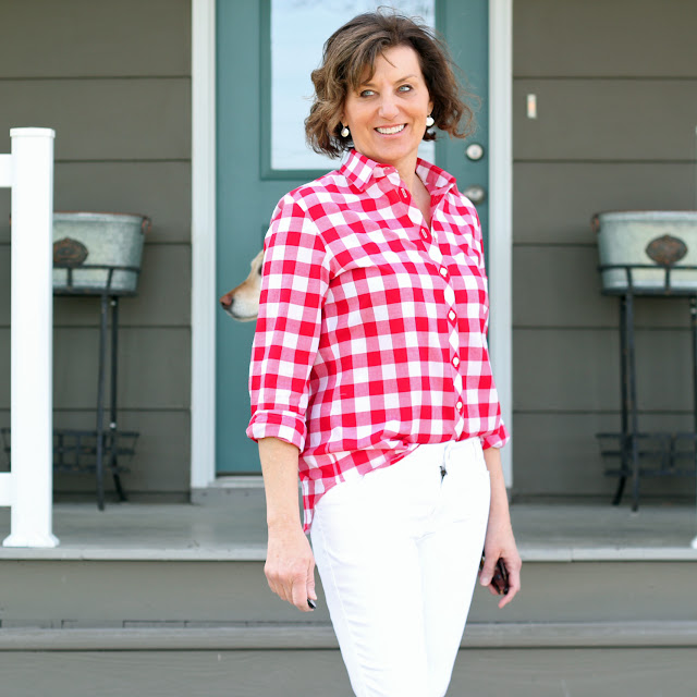 Red and white gingham Archer Shirt by Grainline Studio made with fabric from Indiesew.