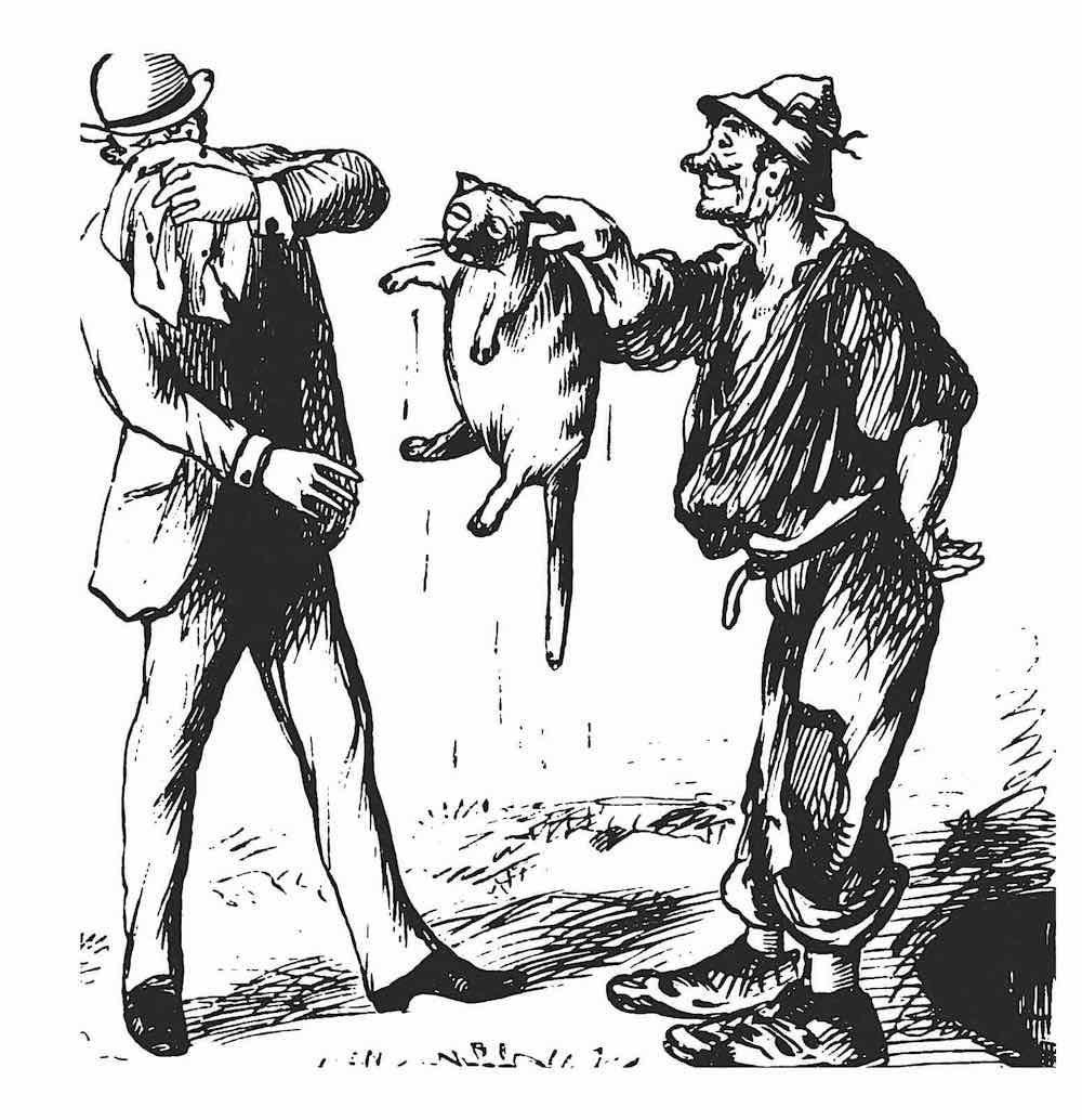 an 1869 cartoon of an oaf with a dead cat