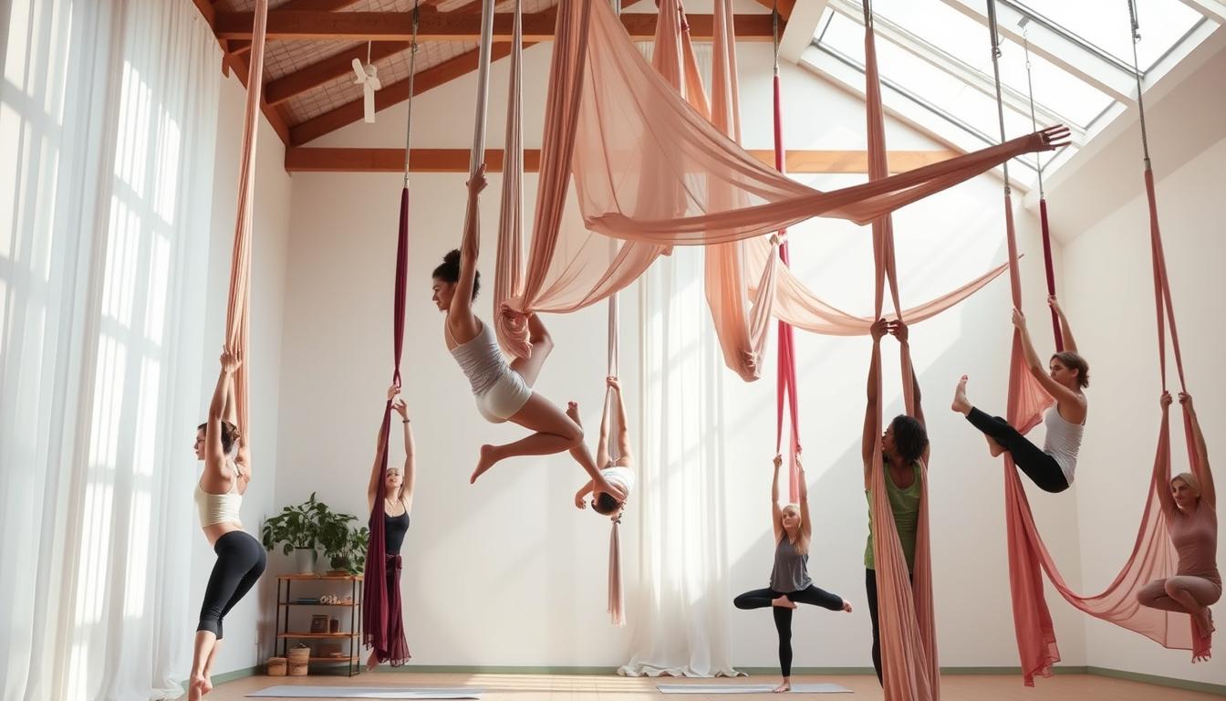 A person practicing aerial yoga, demonstrating core strength while balancing in the hammock.