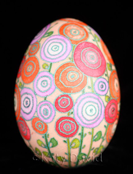 ©Katy David Friday Egg: Hot Day Hollyhocks Goose Egg pysanky